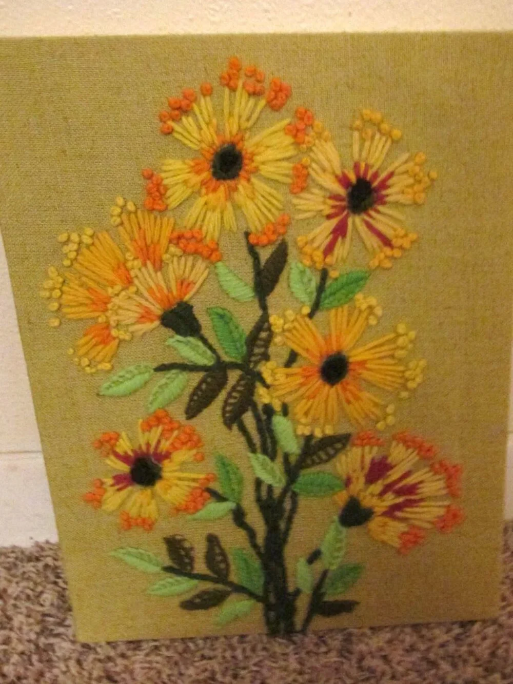 Crewel Embroidery Sunflowers Wall Art Vintage 10 X 13